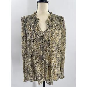 Free People Ivory Cream Floral Top Ruffle Pleated Blouse Peasant Boho Small M9|